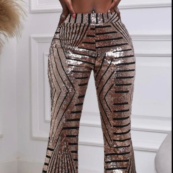 Geometric Sequin Pants, Sequin, Pants, XL, 12, Bell Bottom, high waisted, Bronze - Picture 2 of 6